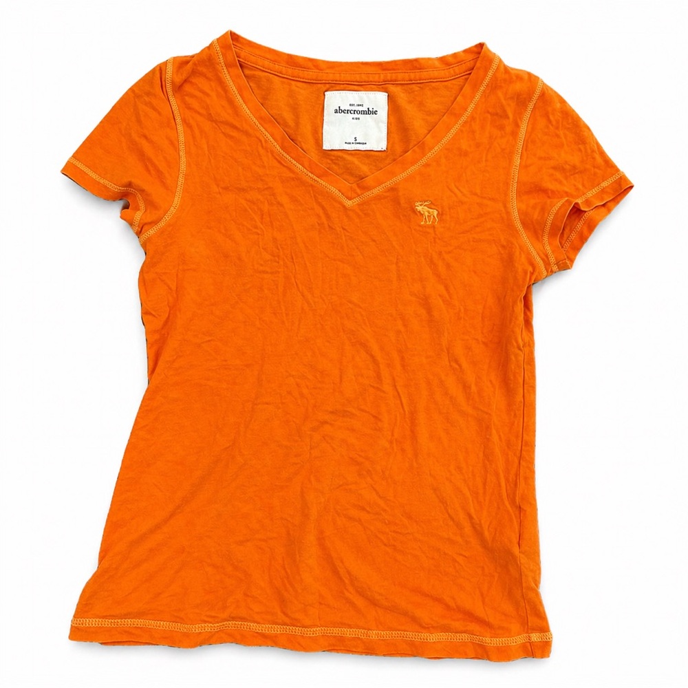 Abercrombie Kids Orange V-Neck Logo Tee Shirt Girls size Small